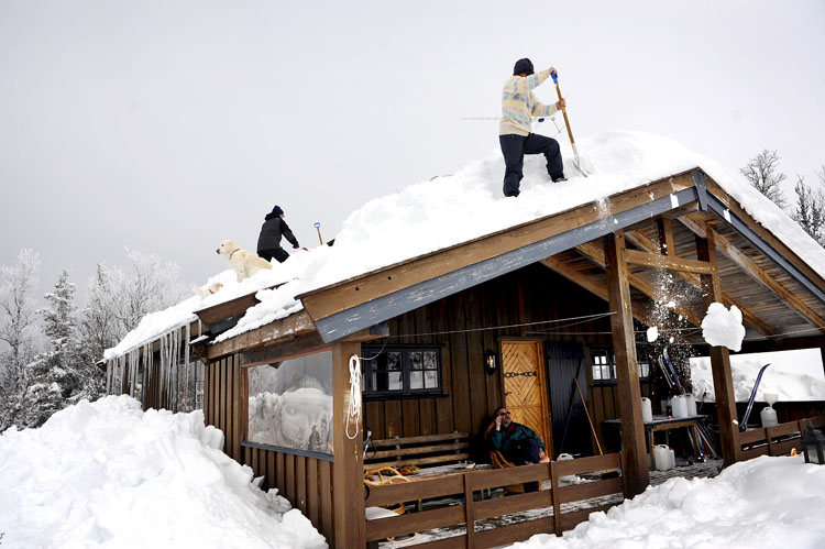 Etter en vinter med mye snø er det kjekt å få hjelp til å måke taket for snø. Mamma, svigerfar (Jens) og hundene på taket. Pappa i godstolen på verandaen.